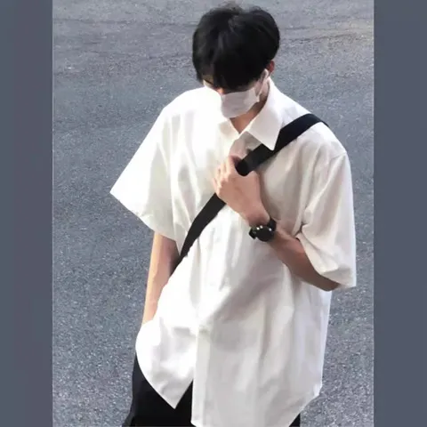 男宽松衬衣白衬衫半袖港风潮流潮牌短袖高级纯色休闲夏季设计感