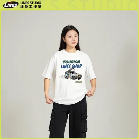 Lines字母男士T恤旅行短袖t恤纯棉复古宽松慵懒圆领印花夏季美式