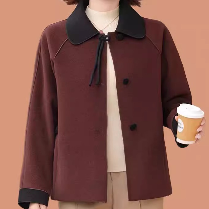 妈妈秋装翻领短款毛呢外套2025新款中老年女士春秋双面呢子上衣服