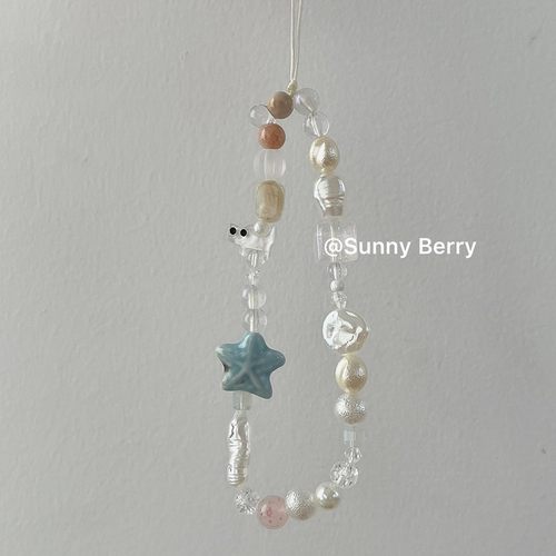 ins小众夏日少女蓝色海星白猫清新透串珠手机链ccd挂绳链条包挂件