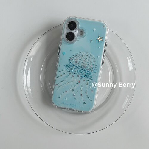 向日的浆果ins韩系小众时尚蓝色彩钻闪片水母插画双层适用苹果17pro手机壳iphone16promax/14/15保护套防摔