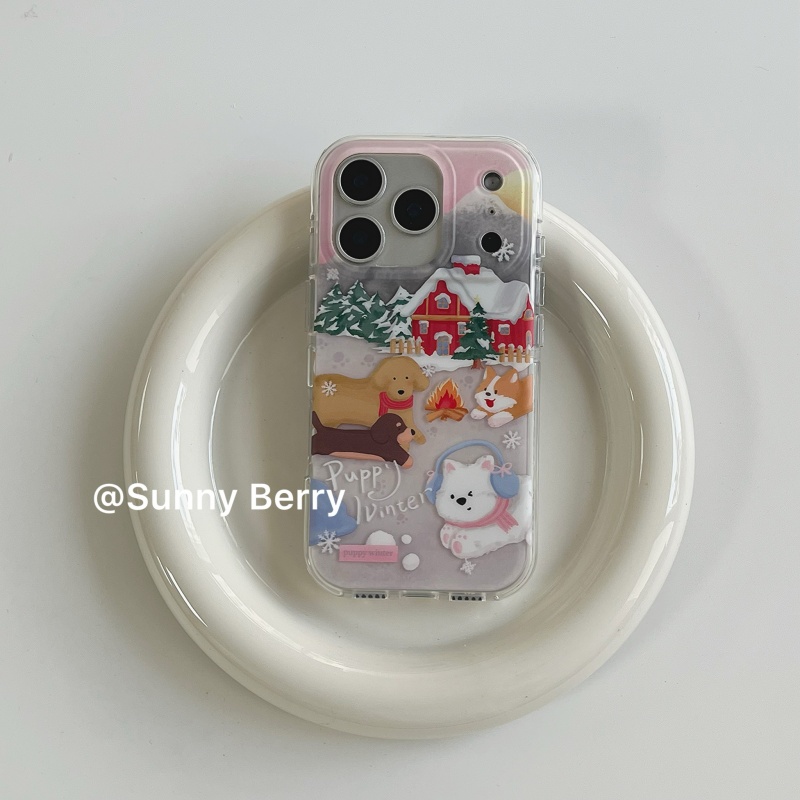 向日的浆果ins韩系小众冬日雪花红房子篝火小狗可爱插画适用苹果17pro手机壳iphone16promax/14/15保护套防摔
