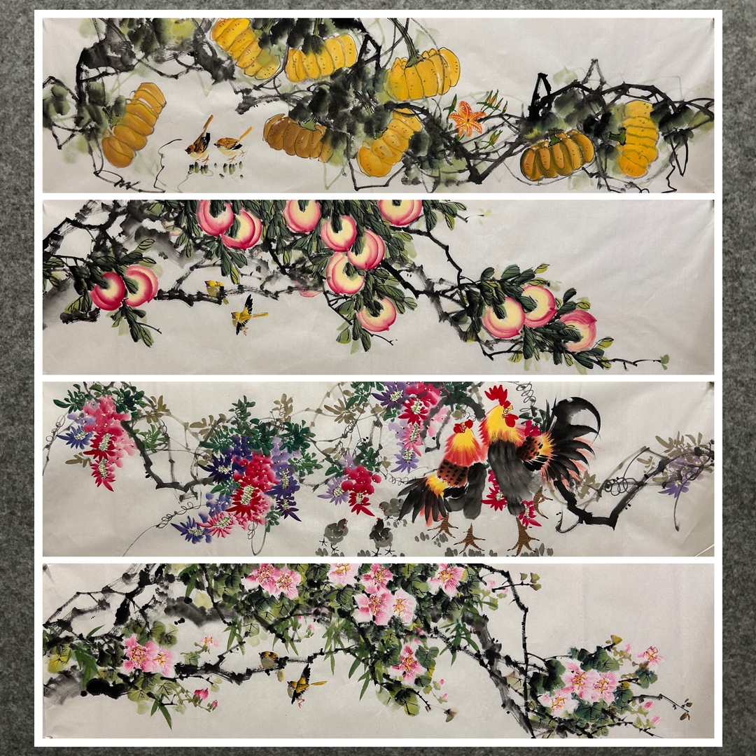 180X48厘米装饰国画批发花鸟画纯手绘六尺对开花鸟画AX2040525-40