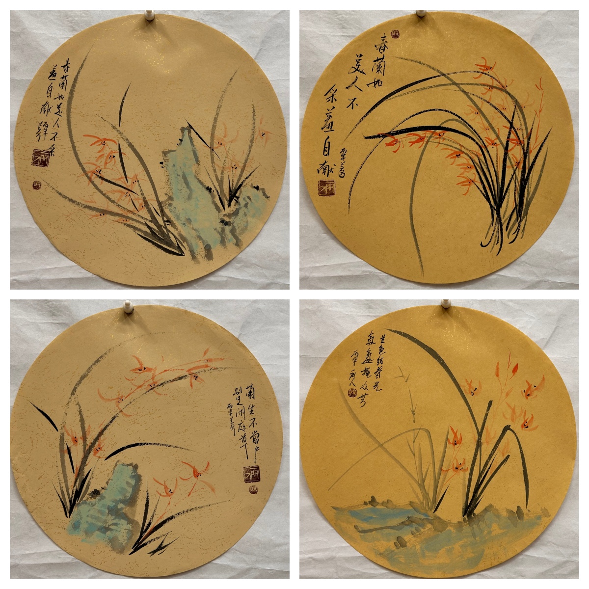 直径32CM玄关装饰国画纯手绘酒店圆形花鸟画兰花梅花AX5082901-20图片