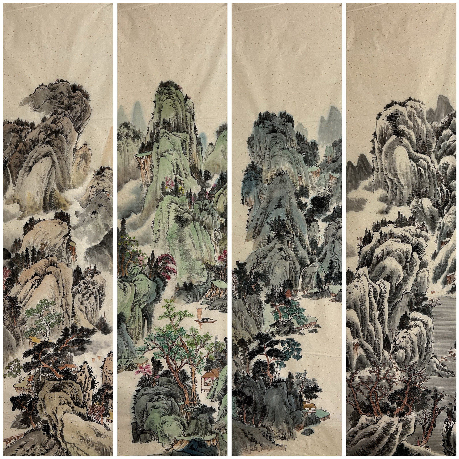 条幅装饰国画纯手绘六尺对开山水画套画四条屏山水画AN5053001-3