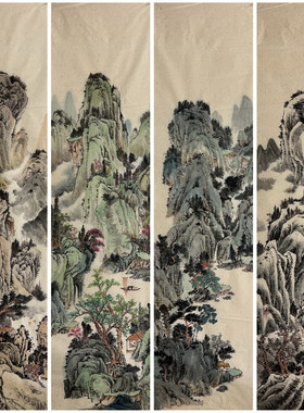 条幅装饰国画纯手绘六尺对开山水画套画四条屏山水画AN5053001-3