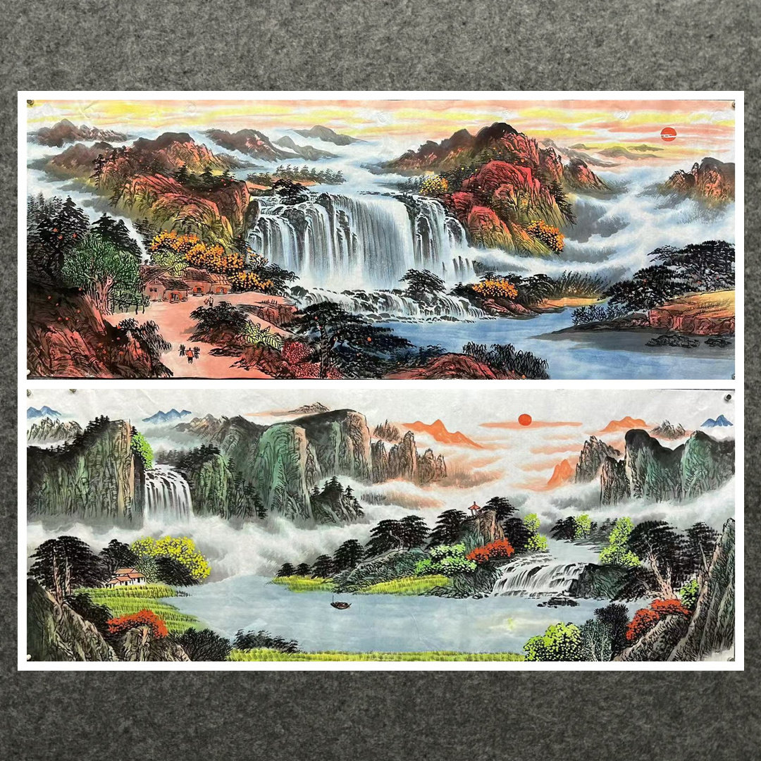 8墨锦轩横幅旭日东升国画客厅纯手绘小六尺山水画鸿运当头聚宝盆1