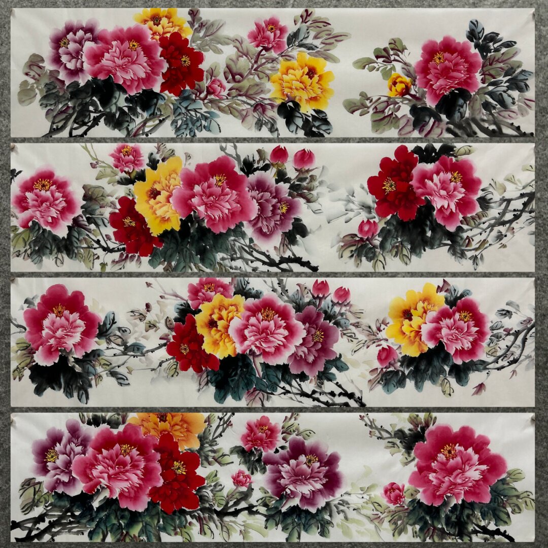 136X34厘米走廊装饰国画纯手绘花鸟字画四尺对开牡丹花开富贵