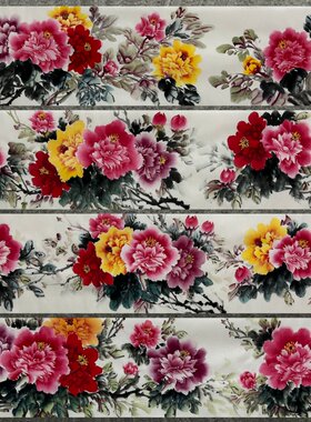 136X34厘米走廊装饰国画纯手绘花鸟字画四尺对开牡丹花开富贵