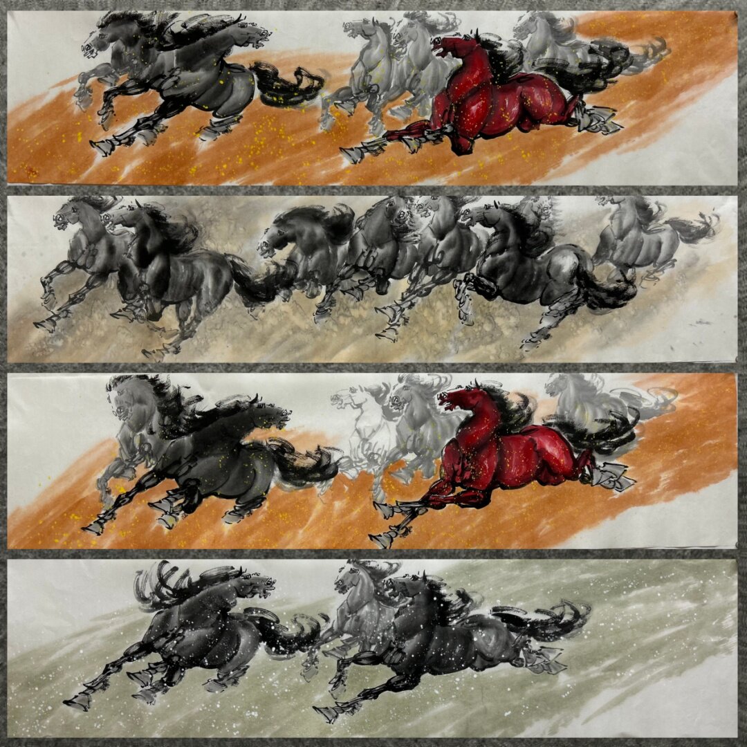 136X34厘米国画动物纯手绘四尺对开马八骏马到成功AL6040301-10