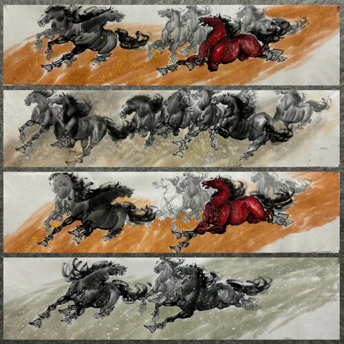 136X34厘米国画动物纯手绘四尺对开马八骏马到成功AL6040301-10