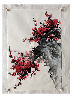 68X45厘米国画纯手绘花鸟画四尺三开梅花红梅报喜AA6013101-15