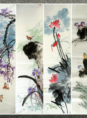 136X34CM条幅装饰国画纯手绘花鸟四尺对开花鸟画鸟语花香AH301-26