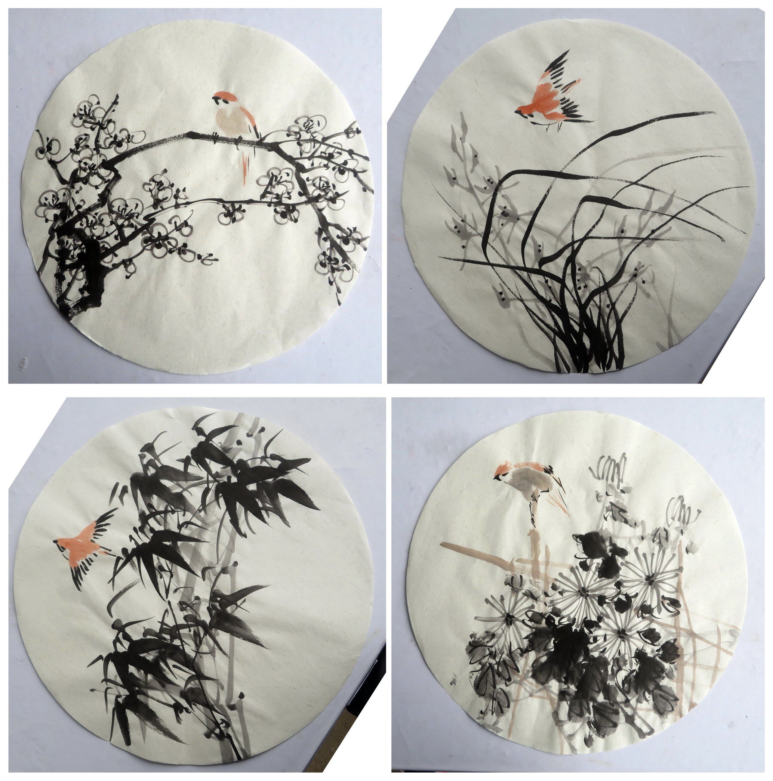 【8墨锦轩】特价装饰国画纯手绘圆形套画梅兰竹菊四条屏花鸟画02
