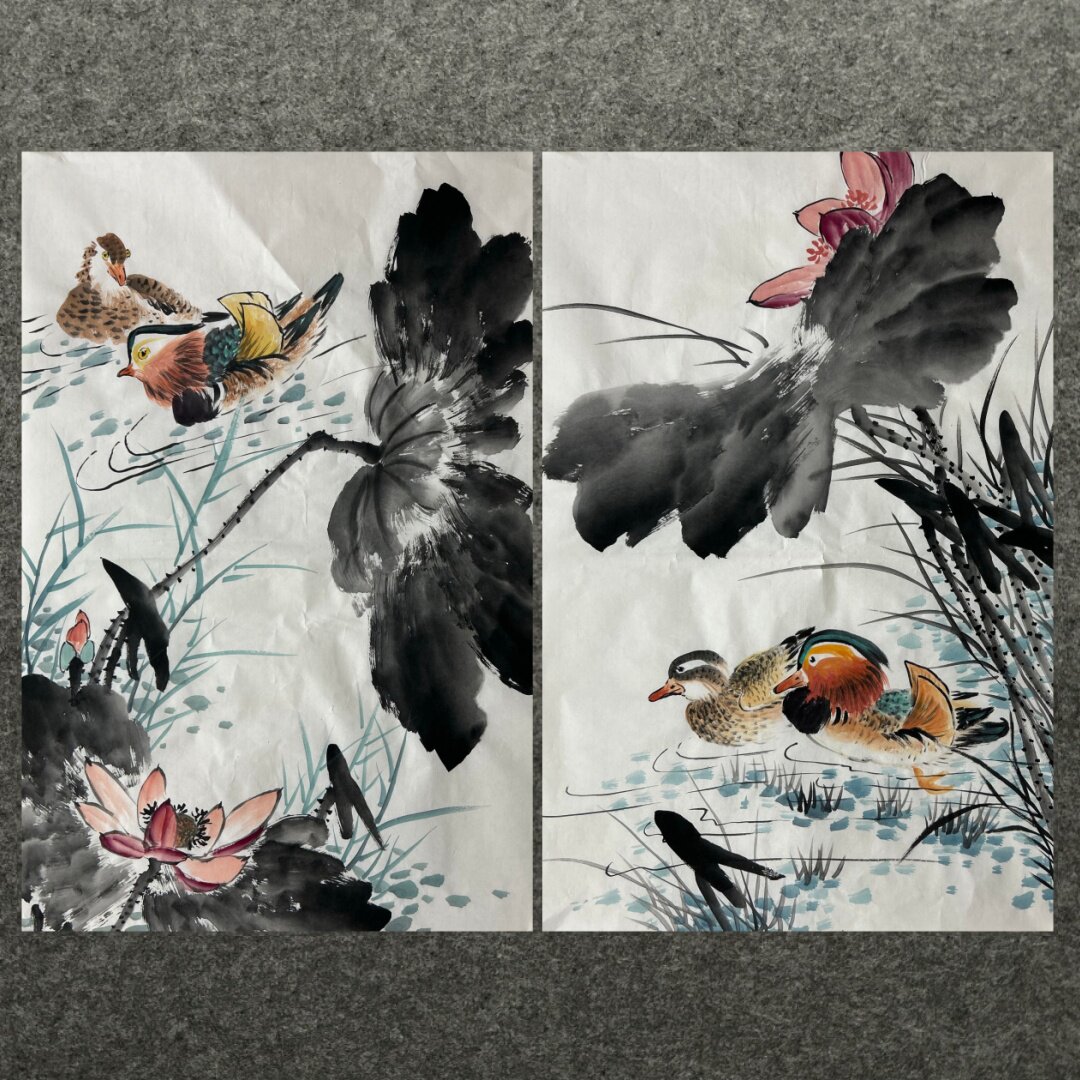 68X45厘米中堂精品装饰国画纯手绘花鸟画四尺三开荷花鸳鸯未装裱2