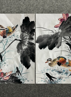 68X45厘米中堂精品装饰国画纯手绘花鸟画四尺三开荷花鸳鸯未装裱2