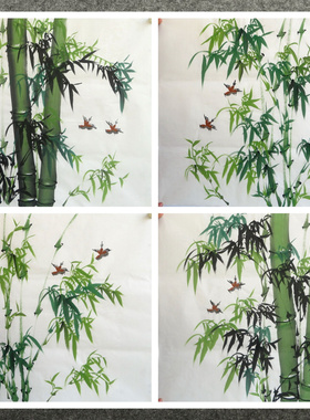 8墨锦轩国画字画绿色花鸟纯手绘四尺斗方竹子竹报平安AU309001-30