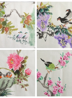 34X34CM精品装饰国画纯手绘字画四尺八开花鸟画小品AX402001-30