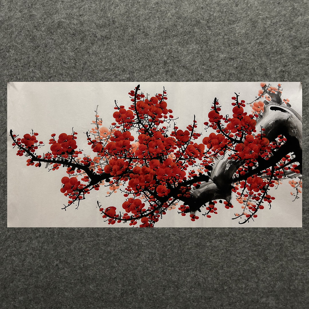 8墨锦轩横幅办公装饰国画花鸟纯手绘书房字画三尺梅花红梅报喜03