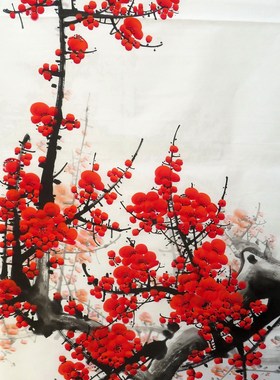 8墨锦轩办公装饰国画花鸟画纯手绘挂画三尺梅花红梅报喜AD1120714