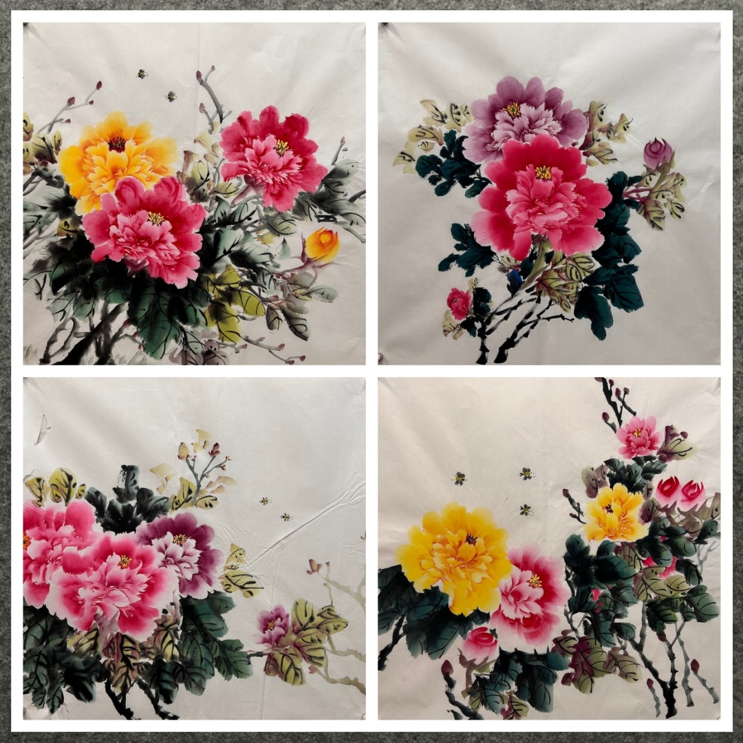 68X68厘米装饰国画批发花鸟画纯手绘四尺斗方牡丹花开富贵01