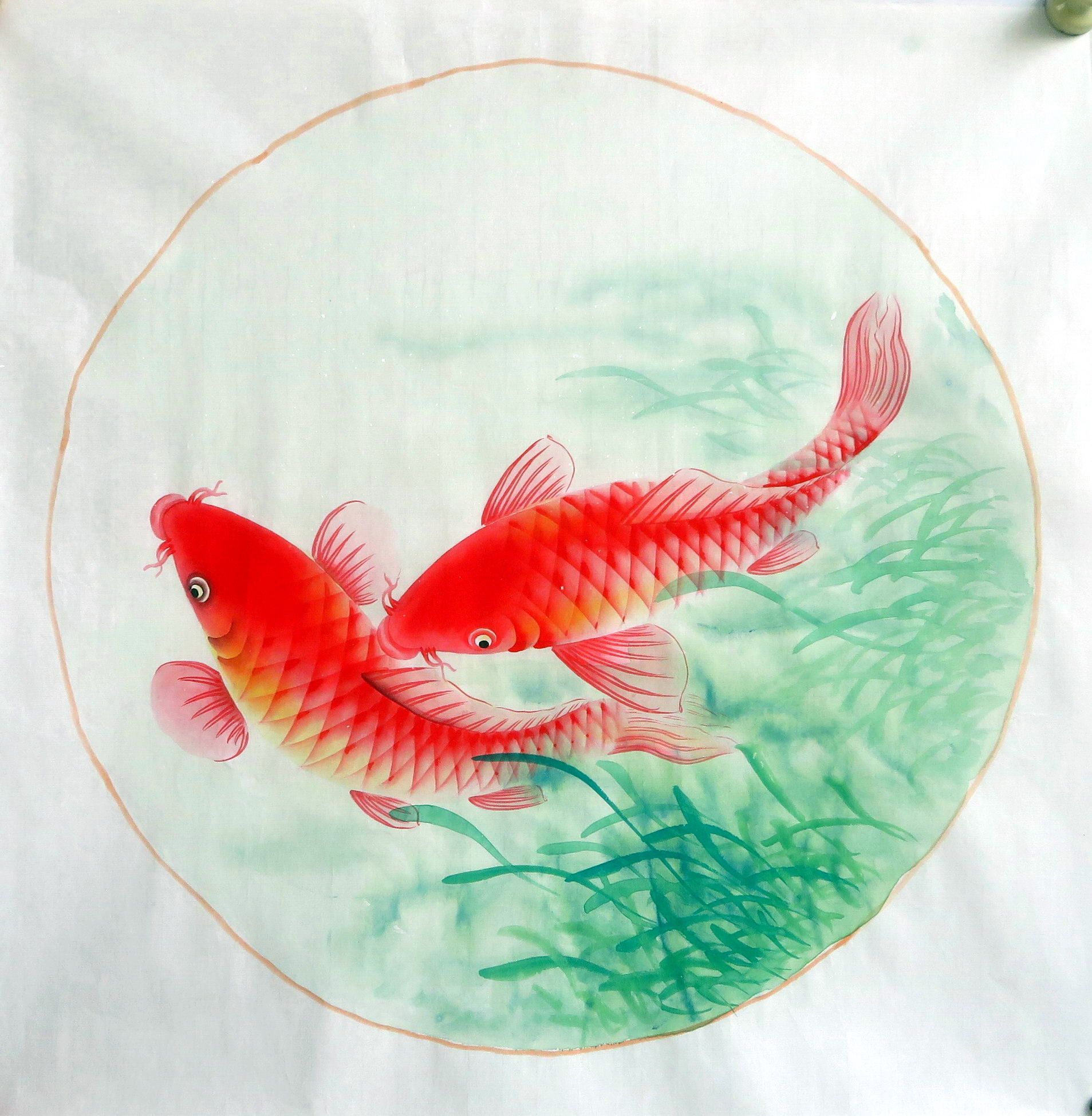 8墨锦轩特价餐厅装饰国画纯手绘三尺斗方鱼两条鱼红鲤鱼ay1092406