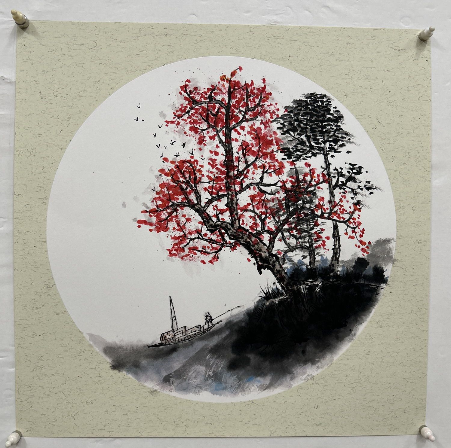 50X50CM装饰国画纯手绘卡纸花鸟字画三尺斗方山水画AA6102201-10