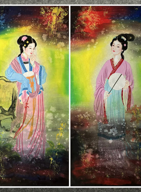 8墨锦轩中堂装饰国画纯手绘工笔幻彩美女图四尺人物画AW4121501-4