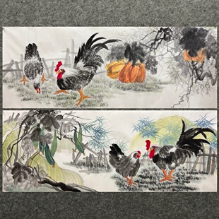 8墨锦轩国画纯手绘花鸟画小六尺花鸟公鸡富贵吉祥AM6013001-4