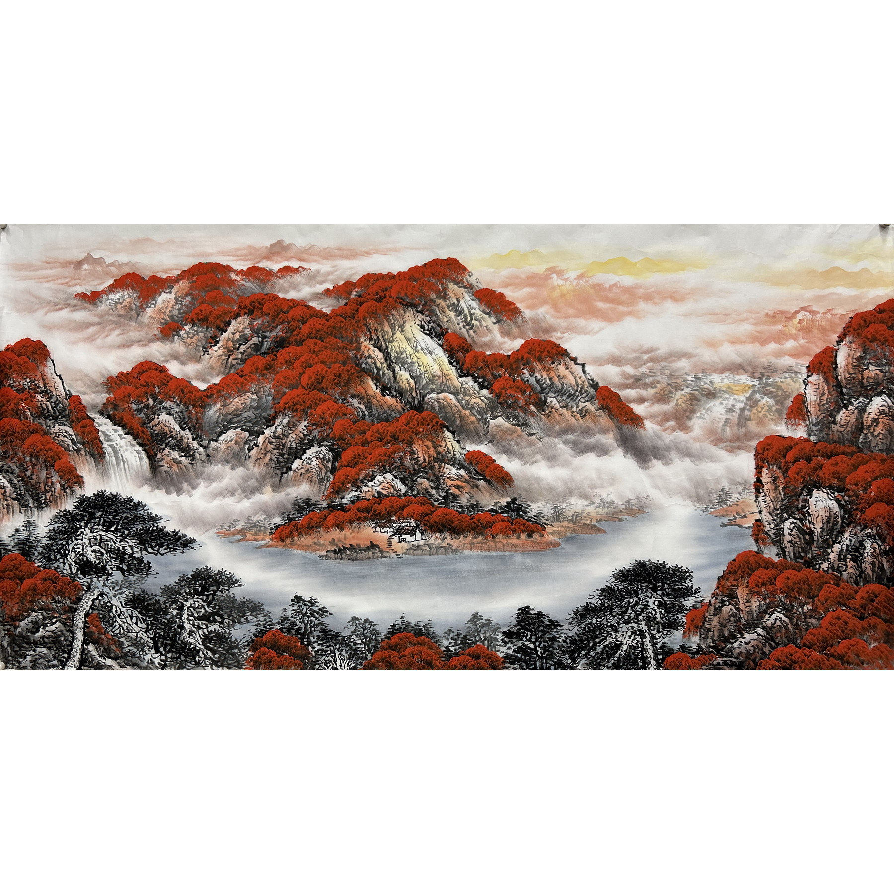 8墨锦轩客厅装饰旭日东升国画纯手绘四尺山水画鸿运当头聚宝盆06