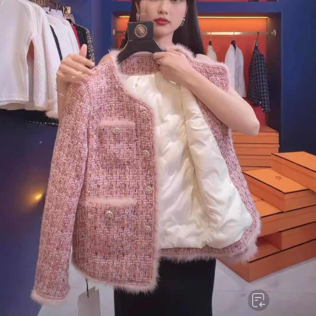 粉色小香风厚外套女秋冬2025新款气质精致女士短款加绒加厚百搭,女装/女士精品,短外套,淘宝优惠券,粉丝福利购,淘宝优惠卷