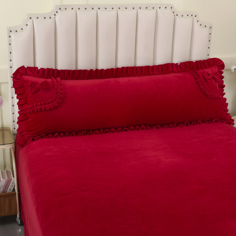 新款加绒双人长枕套1.2/1.5/1.8m米花边加长带拉链冬天毛绒枕头套