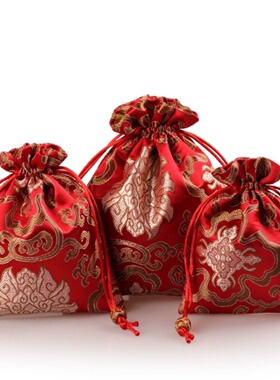 红色富贵花抽绳束口袋首饰袋佛珠文玩袋锦囊小布袋子珠宝收纳袋