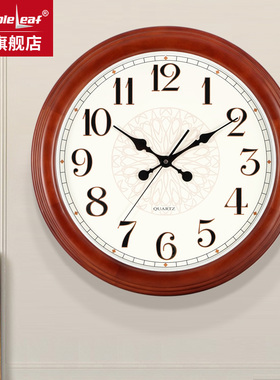 欧式圆形创意挂钟客厅实木现代简约钟表静音扫秒机芯装饰挂件时钟