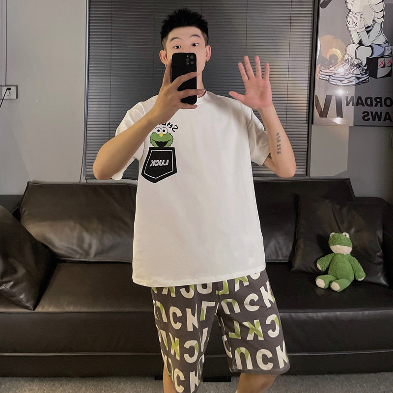 纯棉短袖男士睡衣夏季青少年卡通动漫字母芝麻街可外穿家居服套装