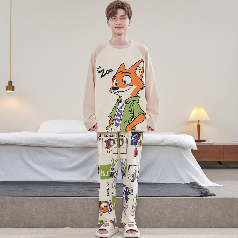 秋冬季纯棉长袖睡衣男士卡通动漫尼克狐狸舒适宽松青少年家居服春