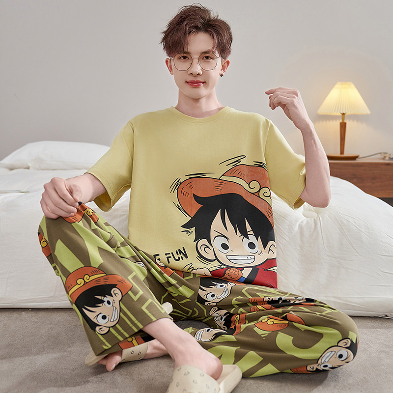夏季纯棉短袖长裤男士睡衣卡通动漫草帽路飞青少年大码家居服春秋
