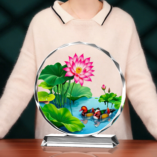 鸳鸯戏水水晶彩绘画摆件一对喜庆家居卧室美好祝福结婚婚礼装饰品