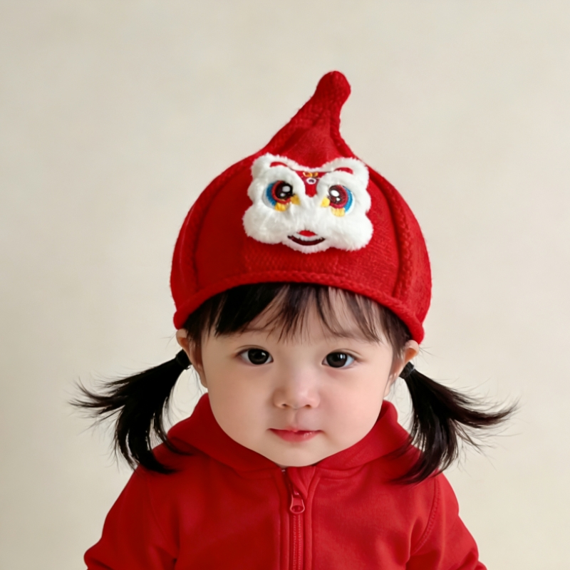 儿童秋冬保暖毛线帽子男女宝宝套头加绒婴儿帽中国风醒狮1-2-3岁