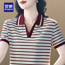 罗蒙品牌翻领短袖女夏季细条纹T恤2025新款百搭妈妈装纯棉polo衫