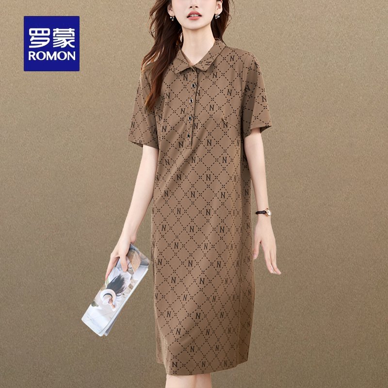 罗蒙品牌休闲宽松洋气中长款连衣裙女2025年夏季新款格子时尚裙子