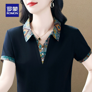 翻领洋气宽松妈妈装 罗蒙品牌纯棉短袖 时尚 T恤女夏季 上衣 2025新款