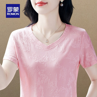 上衣 罗蒙品牌休闲百搭短袖 T恤女2025新款 时尚 减龄宽松V领显瘦夏季