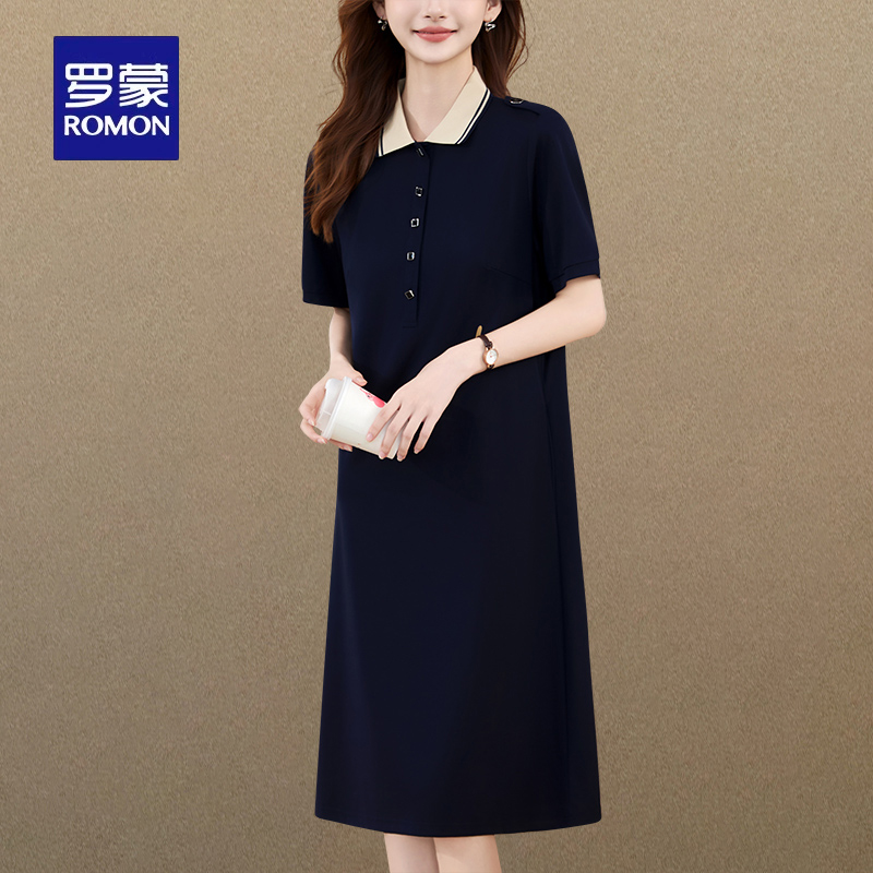 罗蒙品牌气质休闲时尚连衣裙女2025夏季新款中长款妈妈装百搭裙子