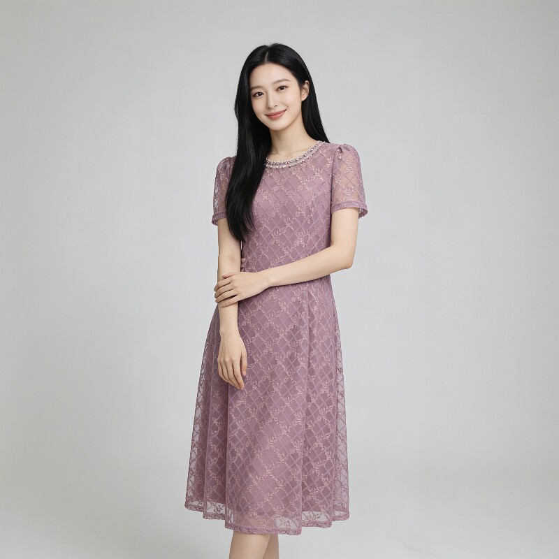 丹同款 琳丹乐2026春夏新品优雅紫粉花蕾丝连衣裙68024