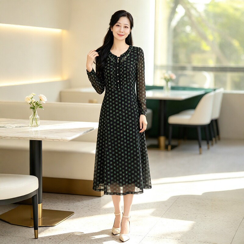 丹同款 琳丹乐2026秋装新品绿格纹优雅网纱连衣裙69513