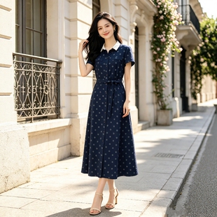 丹同款 琳丹乐2026夏季新品优雅时尚蓝点连衣裙68113
