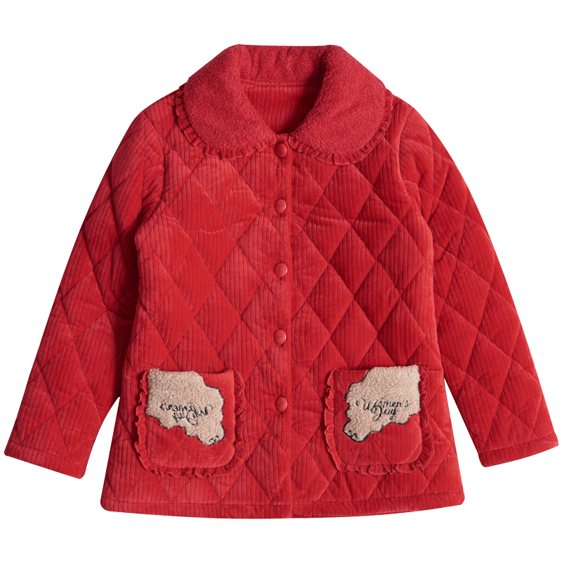 红色珊瑚绒夹棉冬季睡衣开衫