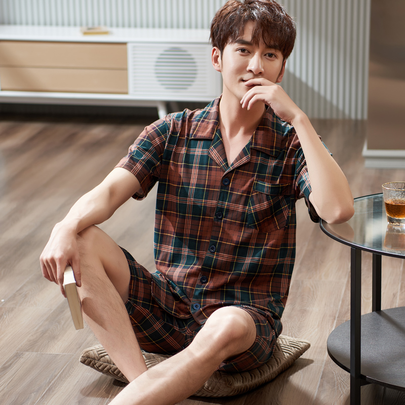 圆人睡衣男夏季纯棉短袖短裤薄款可外穿中老年爸爸新款家居服套装
