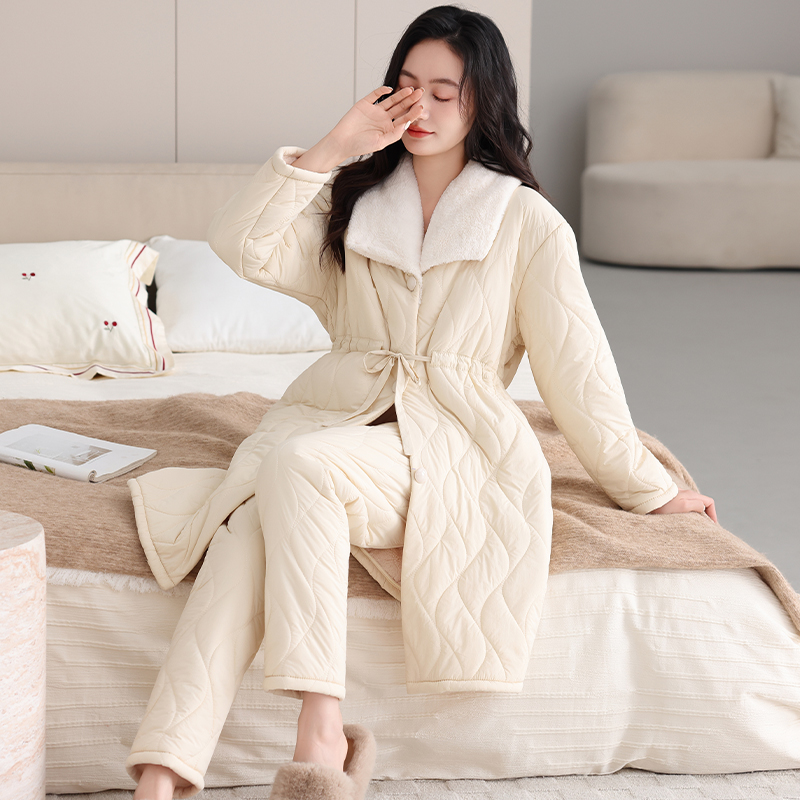 圆人睡衣女冬季三层加厚羽绒夹棉中长款大码套装保暖家居服可外穿